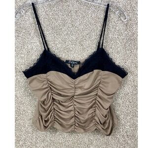 Mixed Threads Ruched Lace Trim Cami Top Women XL Tan Black Pullover Y2K Coquette